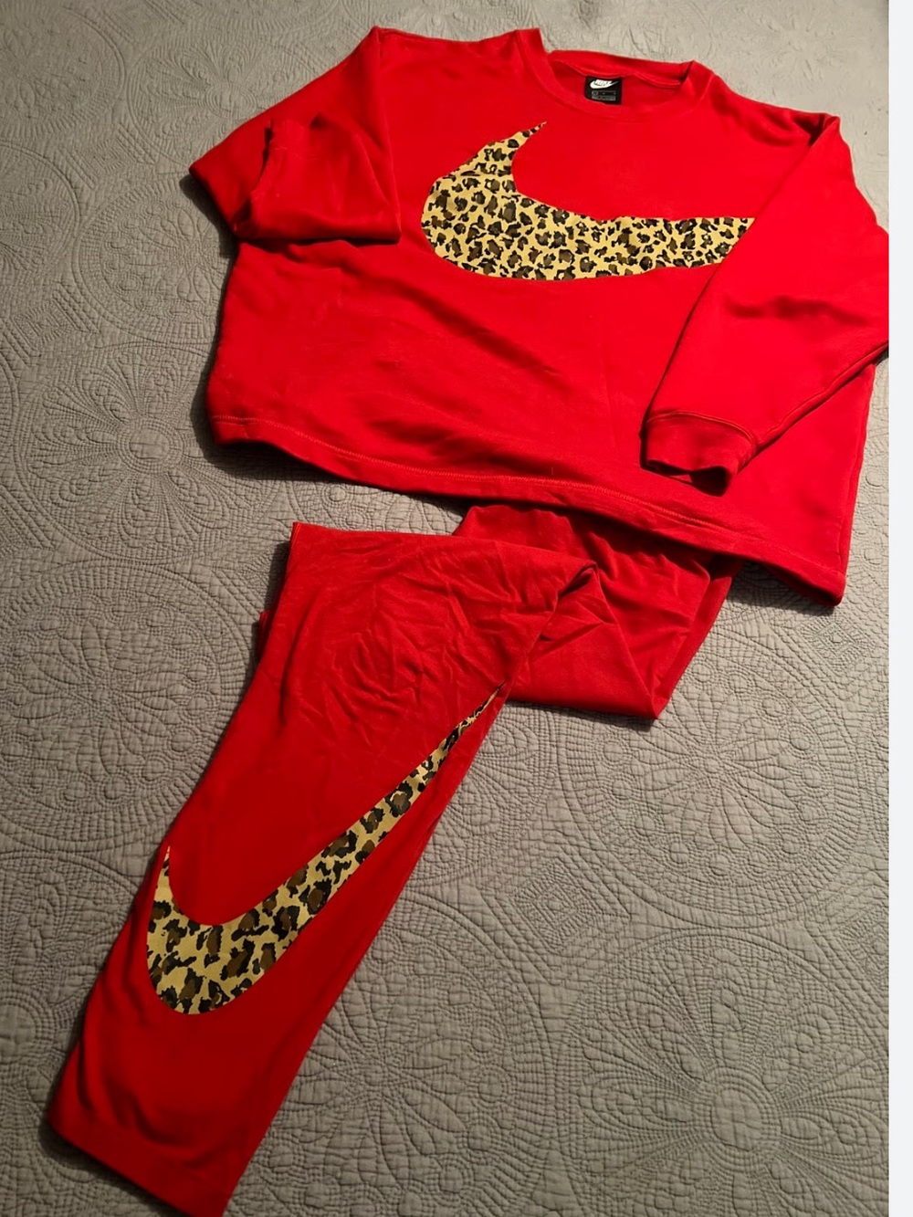 Nike Red Sweatshirt and Leggings Set with Leopard Swoosh